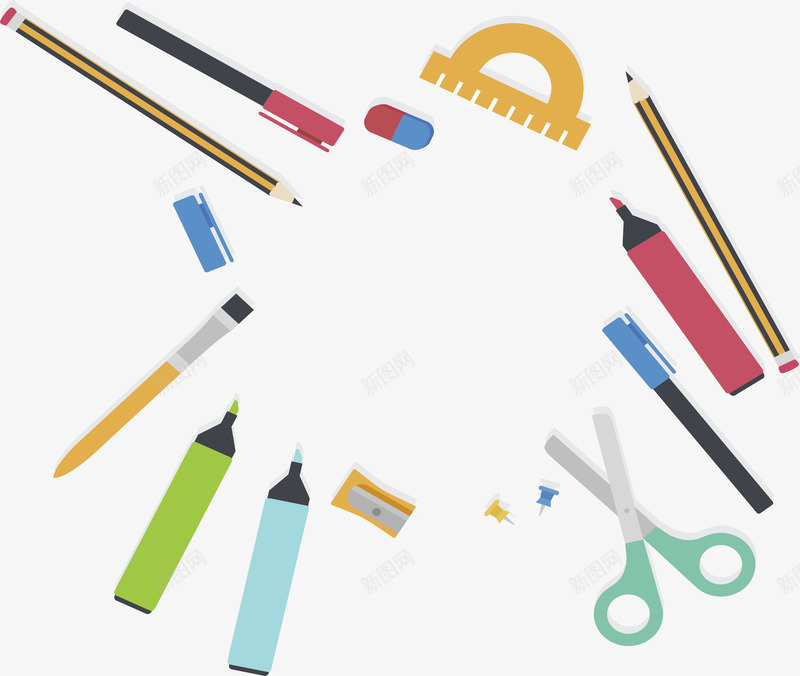 学习用品海报png免抠素材_88icon https://88icon.com 剪刀 原子笔 文具用品 橡皮擦 矢量png 记号笔 铅笔