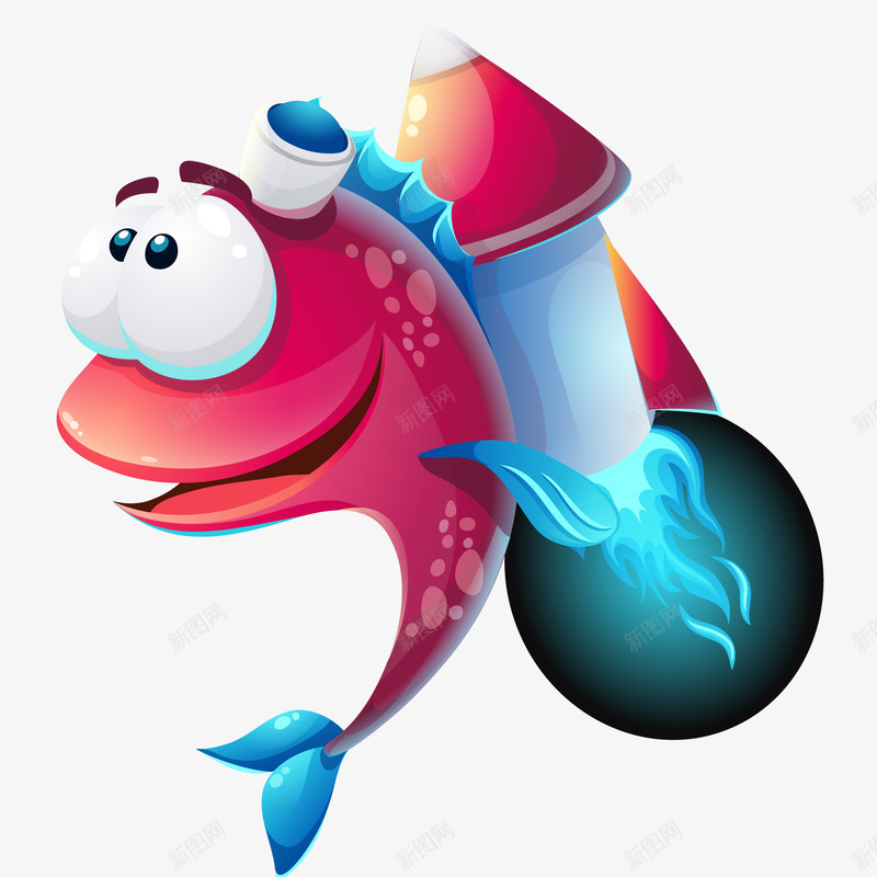 卡通背着火箭的鱼png免抠素材_88icon https://88icon.com 创意 动物设计 卡通 海底 海洋 火箭 鱼