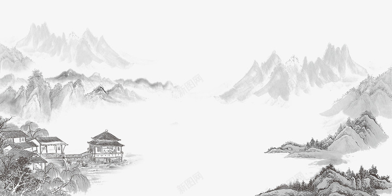 水墨山水间的小屋png免抠素材_88icon https://88icon.com 中国风 古画山水 封面设计 山水画 平面装饰 水墨古建筑 水墨画