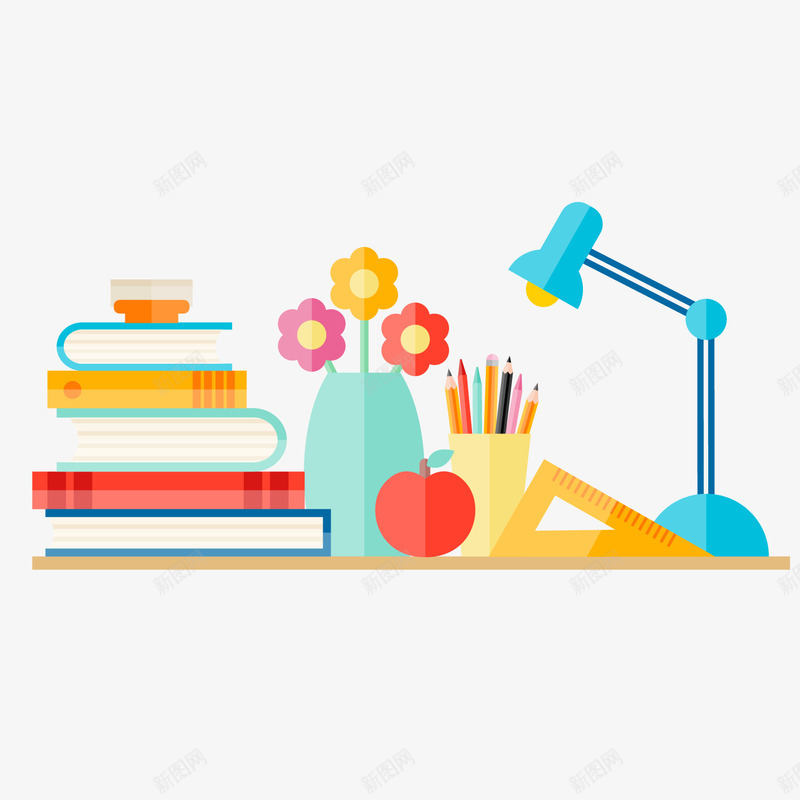 卡通扁平化文具png免抠素材_88icon https://88icon.com 书本 书桌 卡通 台灯 文具 笔筒 背景装饰
