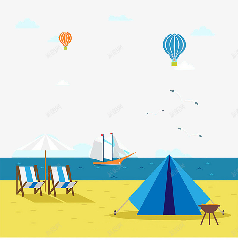夏季海边插画png免抠素材_88icon https://88icon.com 夏季 插画 沙滩 沙滩椅 海 海边