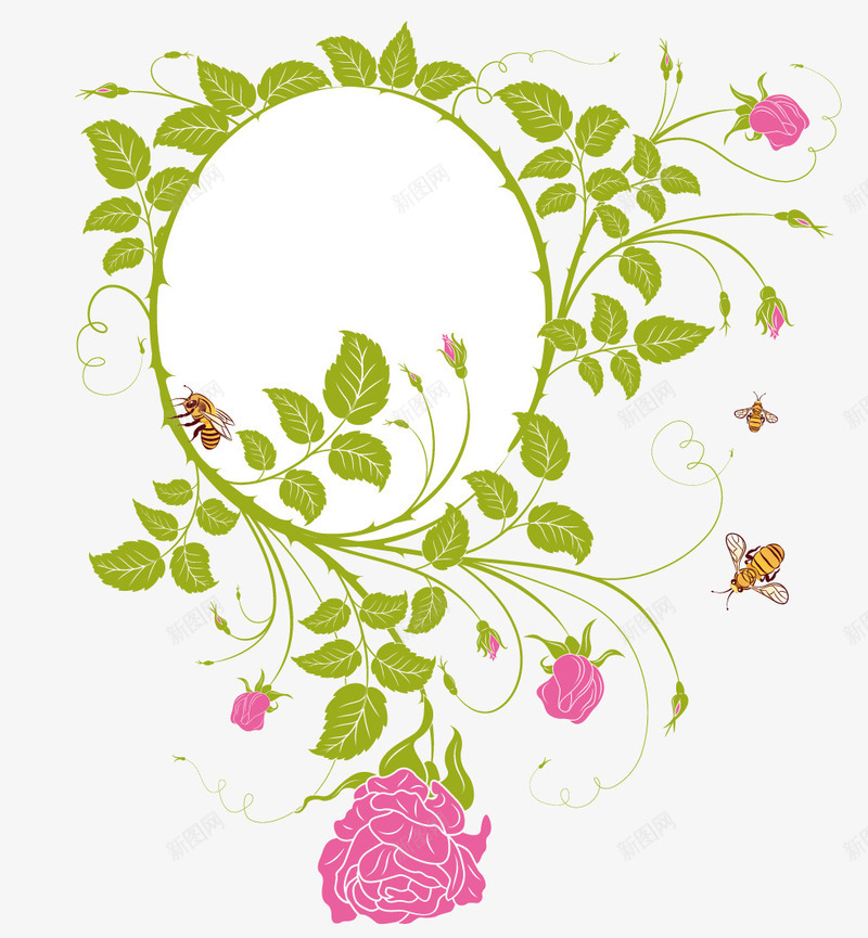 绿草花框矢量图eps免抠素材_88icon https://88icon.com 圆框 绿草 花朵 花枝 花框 花纹 花藤 蜜蜂 矢量图