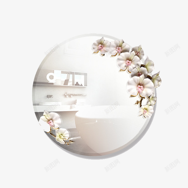 唯美圆形浴室镜子png免抠素材_88icon https://88icon.com 化妆镜 唯美 圆形 浴室镜 精美镜子 花朵 装饰镜