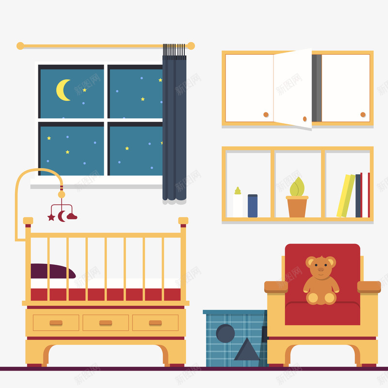 婴儿房间棕色家具矢量图ai免抠素材_88icon https://88icon.com 婴儿 婴儿车 家具 房间 棕色 沙发 窗户 矢量图