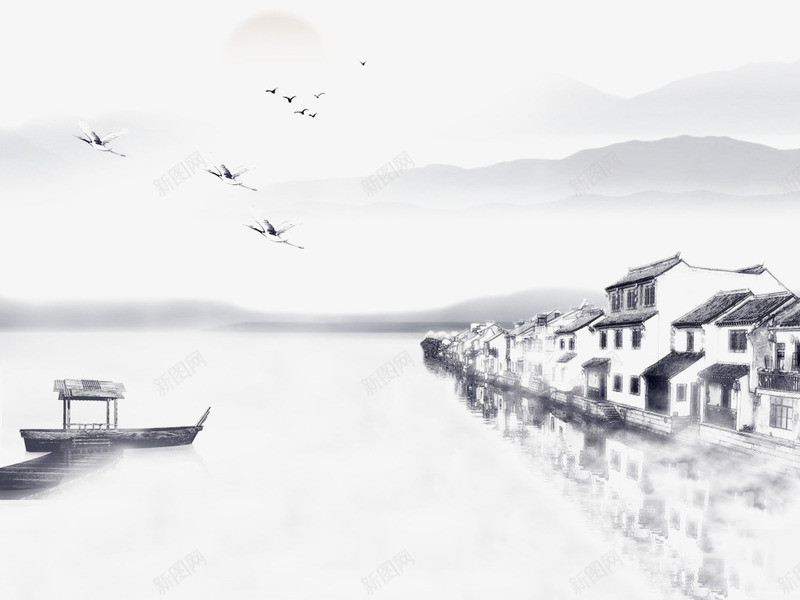 江南水墨风写实岸边村落png免抠素材_88icon https://88icon.com 中国风 中式 后院 屋檐 庭院 水墨 水墨庭院 院墙 韵律