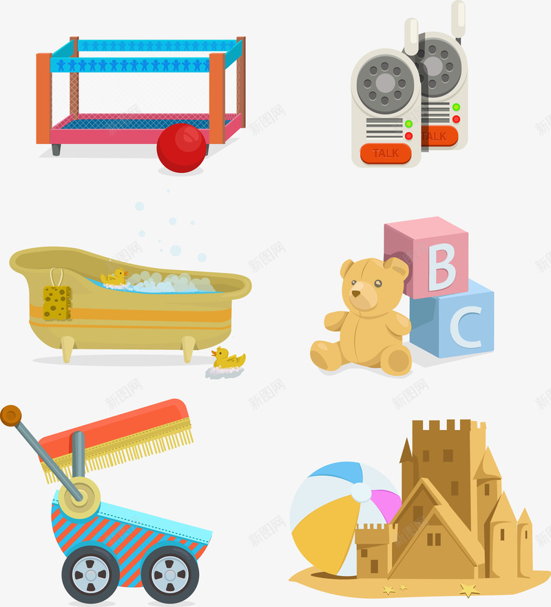 卡通婴儿用品png免抠素材_88icon https://88icon.com 婴儿床 婴儿车 沙滩 玩具手机 玩具熊 积木