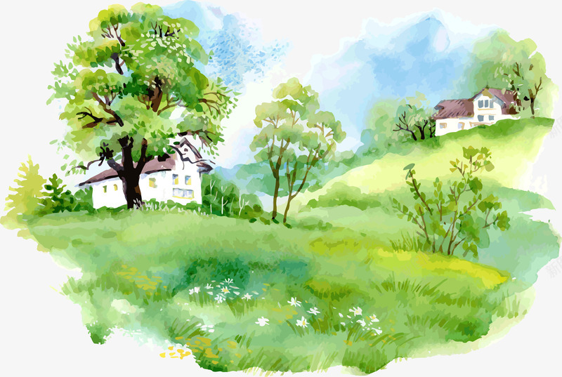 手绘春季情景png免抠素材_88icon https://88icon.com 房子 手绘 春天 春游 树木 蓝天