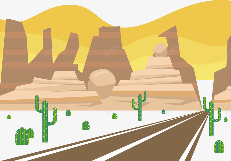 戈壁公路矢量图ai免抠素材_88icon https://88icon.com 仙人掌 公路 棕色 粉笔 绿色 矢量图