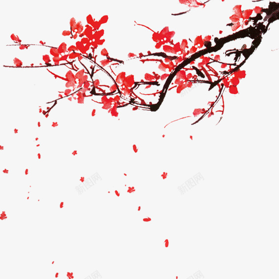 水墨画红色梅花png免抠素材_88icon https://88icon.com 冬季 水墨画 红色 红色梅花 腊梅 花中君子 黑色