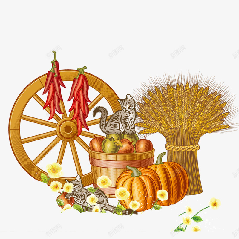 卡通丰收png免抠素材_88icon https://88icon.com 中国风 丰收 卡通 古典 小猫 手绘 水果 猫咪 蔬菜 辣椒