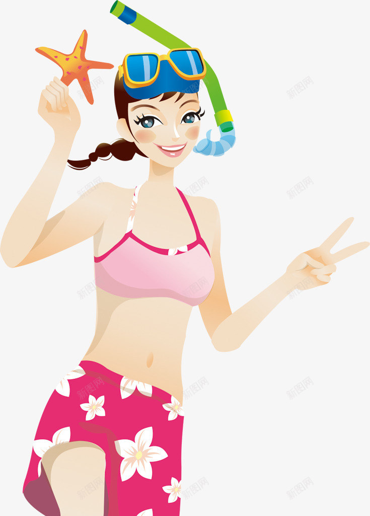 卡通手绘美女png免抠素材_88icon https://88icon.com 卡通 夏天 泳装 潜水 美女