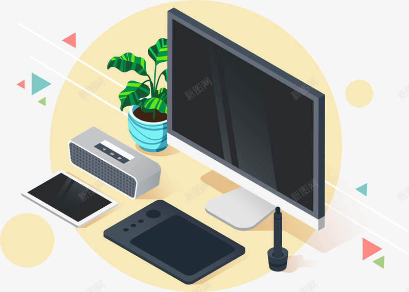 创意立体办公桌物品矢量图ai免抠素材_88icon https://88icon.com 微软电脑 手机 手绘板 电脑 立体办公桌 绿植 蓝色的花盆 矢量图