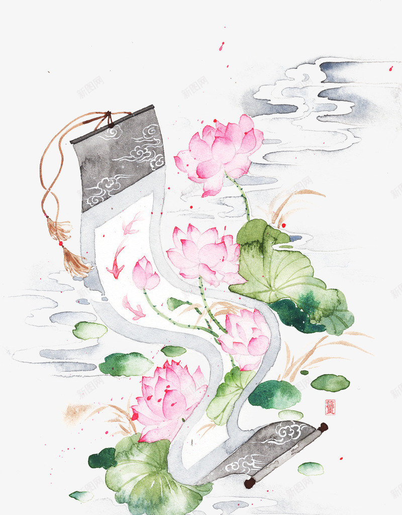 唯美古风手绘插画png免抠素材_88icon https://88icon.com 中国风 卷轴 古风水彩 古风物件 古风花卉 山清水秀 彩色水墨画 文人墨客 水彩画 荷花 落花流水 风景