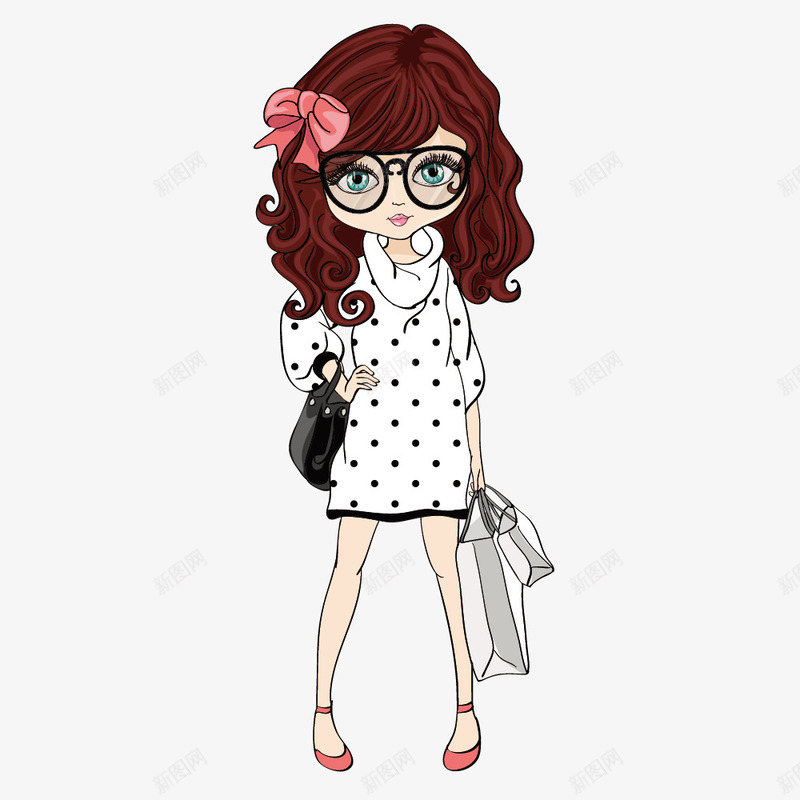 棕色长发时尚女孩矢量图ai免抠素材_88icon https://88icon.com 发型 服装 眼镜 矢量图