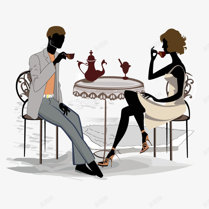 时尚街头喝咖啡的男女矢量图ai免抠素材_88icon https://88icon.com 休闲 咖啡 喝咖啡 女士 娱乐 时尚街头 生活 男士 短发女孩 高脚凳 矢量图