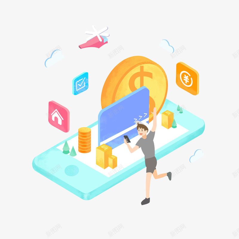 卡通版3D金融插画psd免抠素材_88icon https://88icon.com 动漫动画 卡通手绘 手机 男子 装饰图 金币 金融 金钱