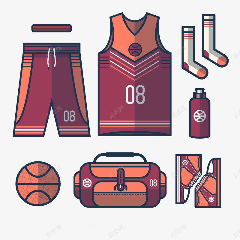 篮球装备矢量图ai免抠素材_88icon https://88icon.com 篮球 篮球装备 衣服 袜子 运动 鞋子 矢量图