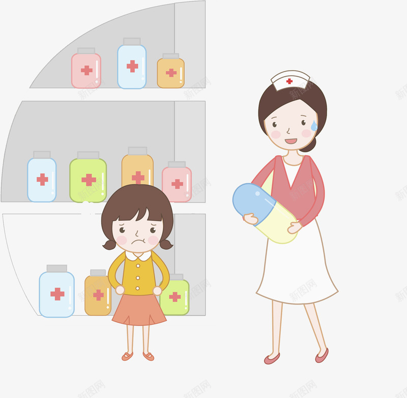 医药房间png免抠素材_88icon https://88icon.com 加号 卡通 吃药 吃药卡通图 女孩 手绘 护士 生气 药瓶