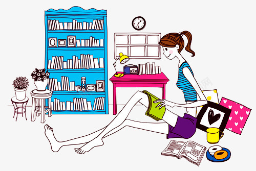 手绘女生看书png免抠素材_88icon https://88icon.com 书本 书柜 女生 杯子 漫画 绘画