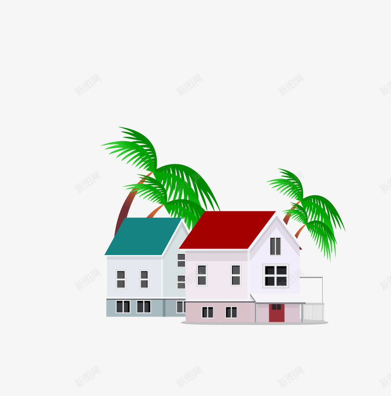 卡通海景房屋矢量图ai免抠素材_88icon https://88icon.com 别墅 卡通 度假 房子 房屋 椰子叶 椰树 矢量图 连排别墅