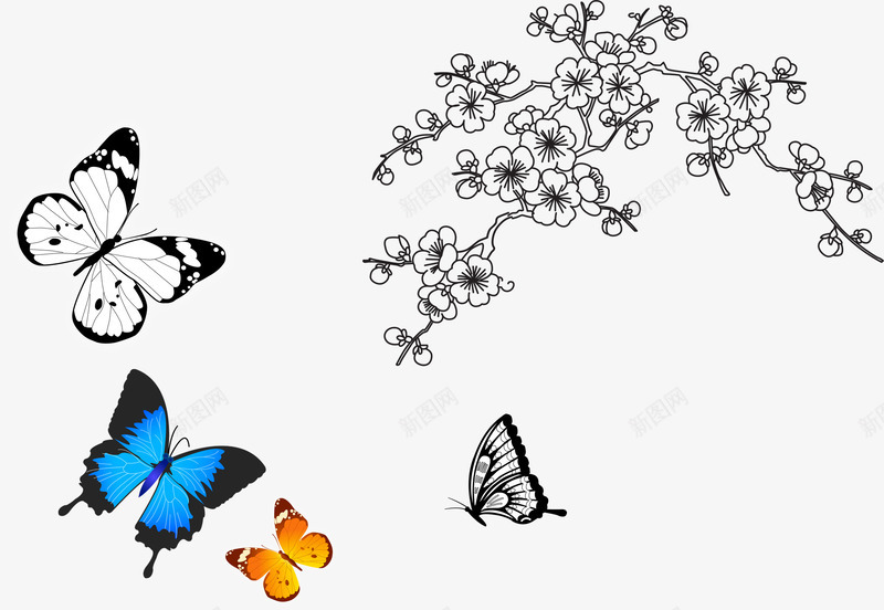 手绘蝴蝶png免抠素材_88icon https://88icon.com 五彩蝴蝶 梅花 花纹