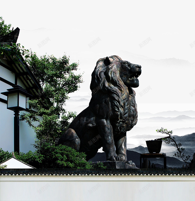 房地产海报元素石狮子png免抠素材_88icon https://88icon.com 传统 古典 大山 屋檐 房地产海报元素石狮子 水墨房子 绿树