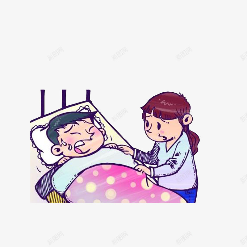 卡通站在床边看着发烧难受的丈夫png免抠素材_88icon https://88icon.com 儿童感冒 冒汗的男子 卡通站在床边看着发烧难受的丈夫的妻子素材免费下载 发烧难受 感冒发烧 担忧的妻子