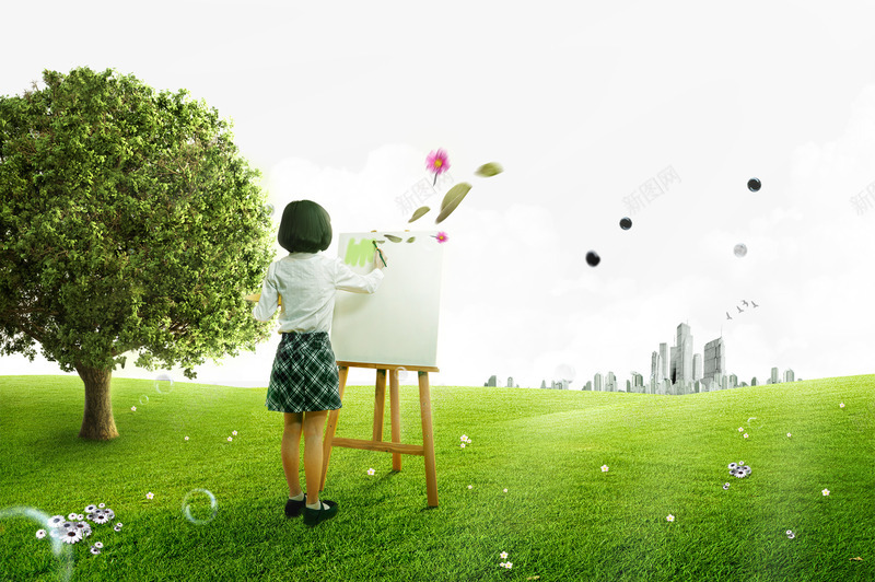 春天的气息psd免抠素材_88icon https://88icon.com 实物 画板 绘画的小女孩 绿树 绿色 草地