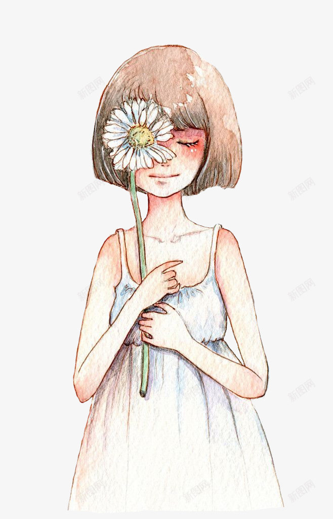 手绘短髮女孩png免抠素材_88icon https://88icon.com 女孩 手绘 拿花 短髮