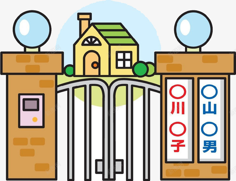小学校门中国秀png免抠素材_88icon https://88icon.com 房屋 砖墙 花丛 草坪 铁门