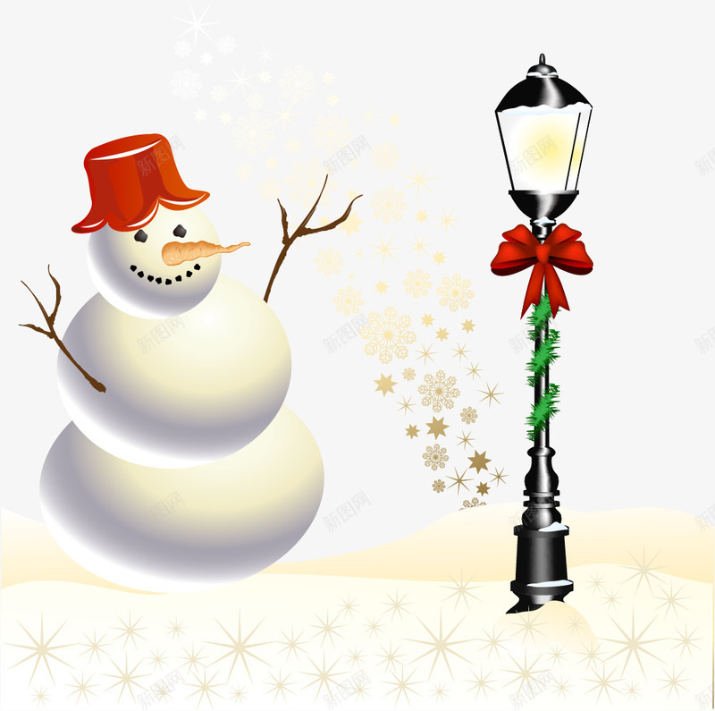 卡通立体雪人和路灯png免抠素材_88icon https://88icon.com 卡通雪人 矢量素材 路灯 金色雪花背景 雪地