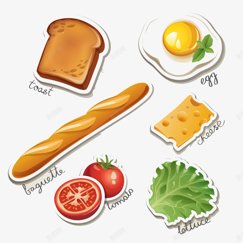 创意贴纸风格西式早餐png免抠素材_88icon https://88icon.com 创意贴纸 生菜 番茄 矢量素材 西式早餐 长面包 面包片 风格 鸡蛋饼