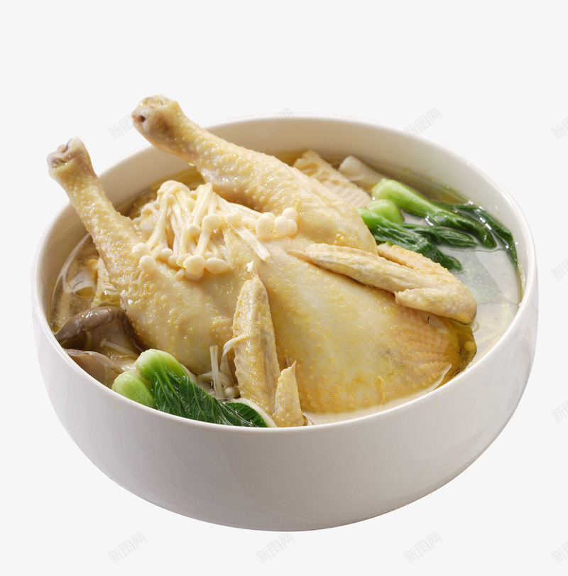 清炖土鸡png免抠素材_88icon https://88icon.com PNG素材 土鸡 小油菜 美食 金针菇 餐饮素材 鸡汤