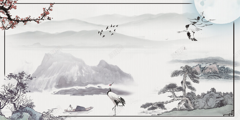 中国风水墨画白露海报背景psd设计背景_88icon https://88icon.com 中国风 丹顶鹤 国画 山峰 山水画 松树 柿子树 水墨画 白露