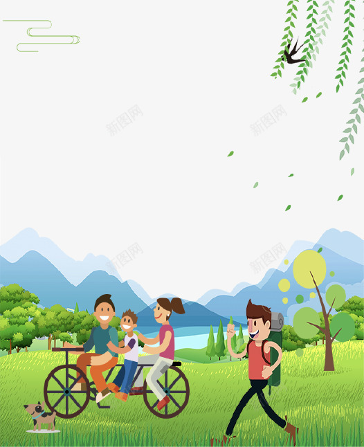 卡通绿色清新春游海报背景psd设计背景_88icon https://88icon.com 卡通 旅行 春游 柳树 清新 自行车 草地 青春