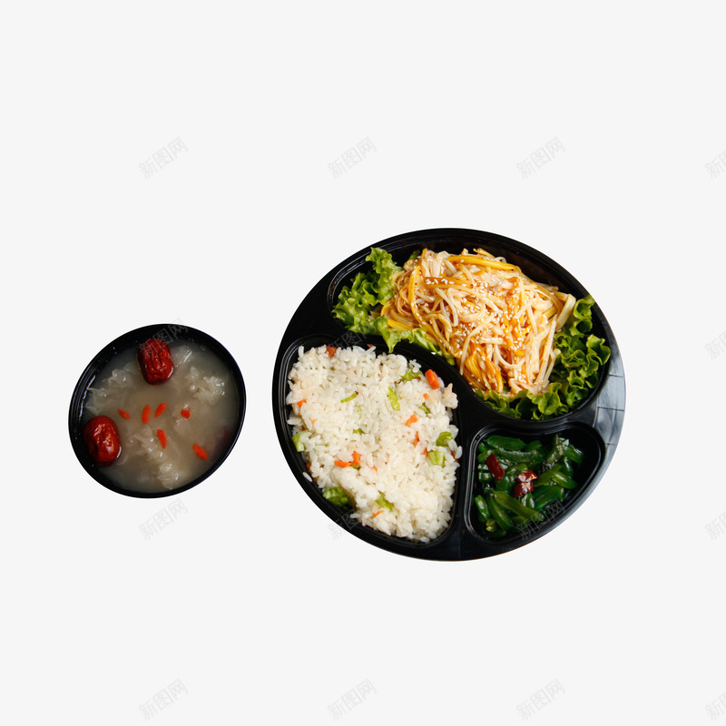 实物素食午餐盒饭psd免抠素材_88icon https://88icon.com 午餐盒饭 圆形饭盒 外卖盒饭 素食盒饭 红枣木耳汤 金针菇