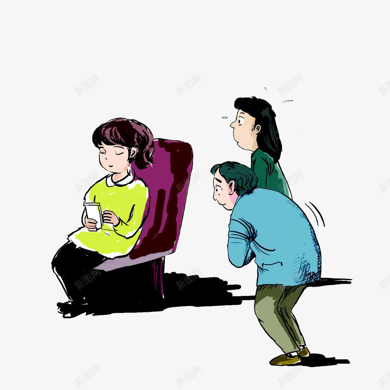 低头玩手机不让座给老人的女孩psd免抠素材_88icon https://88icon.com 不文明行为 低头卡通 低头玩手机 卡通漫画 给老人让座