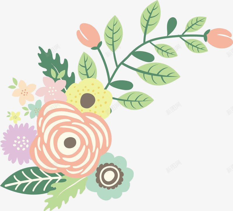 卡通水彩画矢量图ai免抠素材_88icon https://88icon.com 卡通 卡通水彩画 树枝叶 红花 绿叶 鲜花绿叶 黄花 矢量图