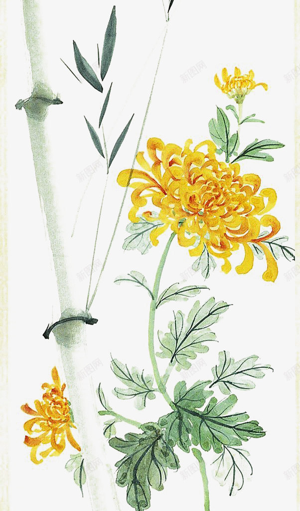竹子png免抠素材_88icon https://88icon.com 中国画 工笔画 水墨画 淡墨 绿色竹子 菊花