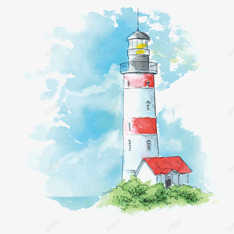 灯塔png免抠素材_88icon https://88icon.com 夏天 夏天旅游 夏季 夏季旅游 夏季旅行 夏季游玩 夏日 夏日旅游 大海 天空 度假 彩色 手绘 插图插画 水彩 海岛之旅 海岛小船 漫画天空 灯塔 背景 风景