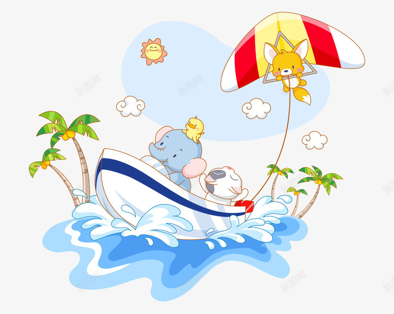 卡通手绘海上坐船可爱小动物png免抠素材_88icon https://88icon.com 卡通的动物 可爱的大象 平面动物 平面动物素材 手绘的船 海上的椰树