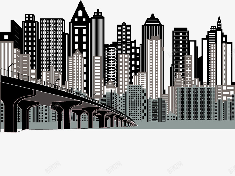 房屋建筑矢量图ai免抠素材_88icon https://88icon.com banner装饰 公路 城市 城市景观设计 彩色城市楼群 房屋建筑 桥 江景房 矢量图