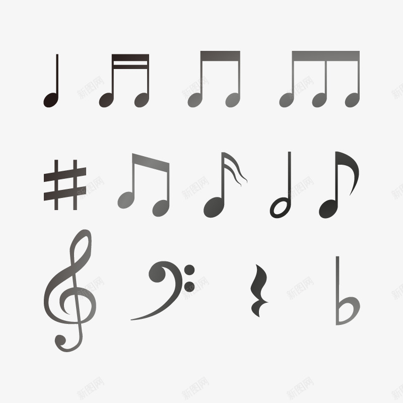 黑白音符矢量图ai免抠素材_88icon https://88icon.com 乐章 二分音符 休止符 免扣png素材 免费png素材 漂亮的音乐 矢量图 符号 音乐 音符花边