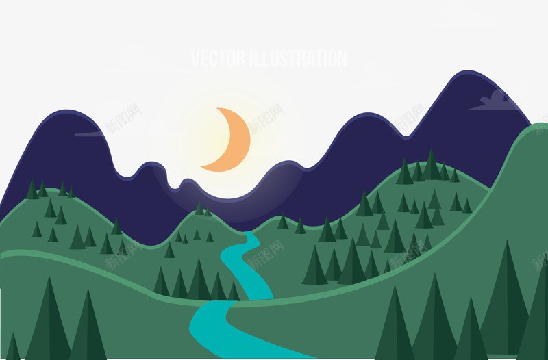 月下山林png免抠素材_88icon https://88icon.com 山 月亮 树林 深山 绿色 蓝色