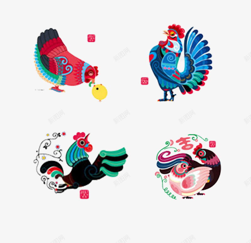 公鸡的四个图案psd免抠素材_88icon https://88icon.com 公鸡 可爱 小鸡 红色 蓝色 鸡年图案PNG 鸡年图案PNG素材