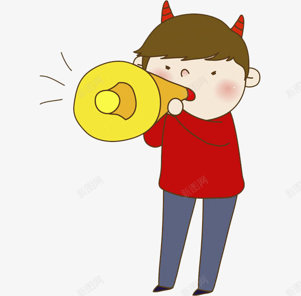 对着喇叭说话的女孩png免抠素材_88icon https://88icon.com 卡通 喇叭 手绘 棕色的头发 生气 红色 蓝色的裤子 黄色