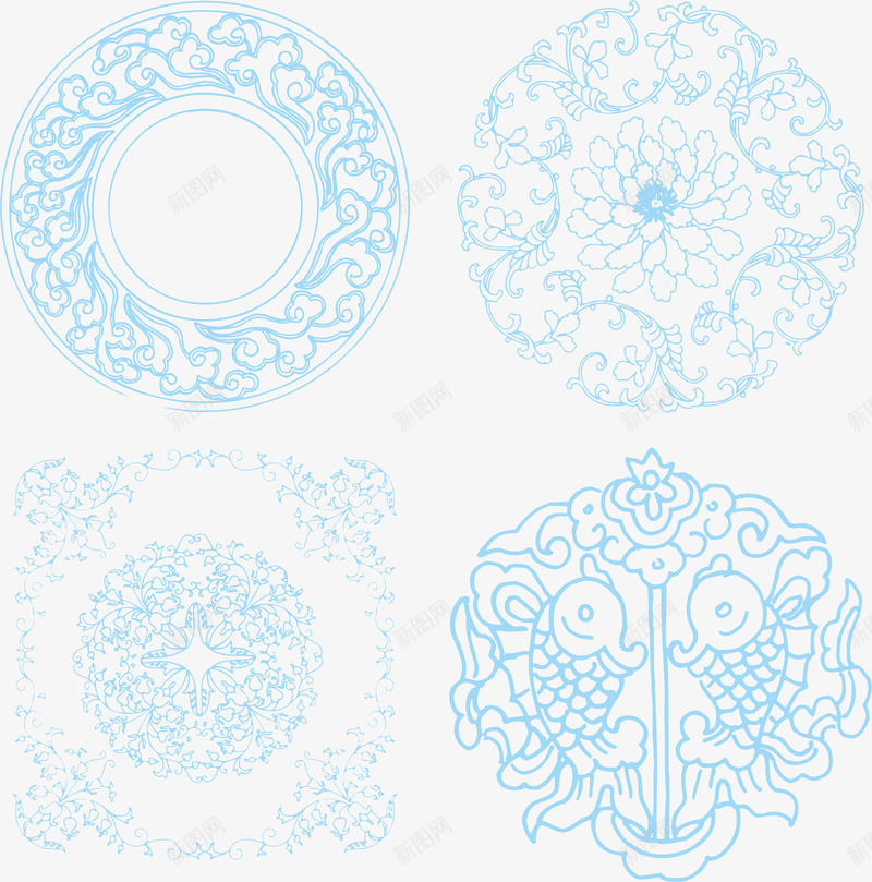 中国古典花纹png免抠素材_88icon https://88icon.com AI 中国风 卡通 双鱼 古典 底纹 手绘 祥纹 线条 背景 花纹 莲花 莲花纹 蓝色 鱼