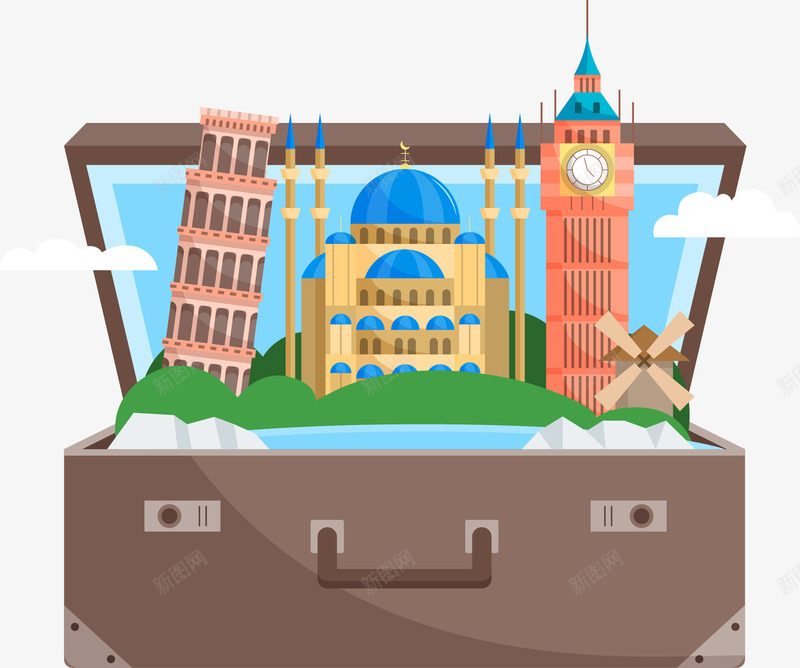 卡通手绘旅行旅游插画装饰矢量图ai免抠素材_88icon https://88icon.com 出国游 创意旅行箱 名胜 塔钟 度假 旅游热点 旅行旅游 比萨斜塔 矢量图