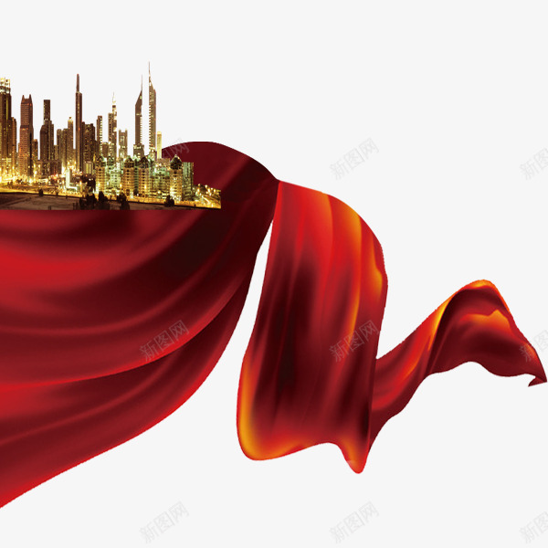红色飘带上的城楼png免抠素材_88icon https://88icon.com 楼房 红色 飘带