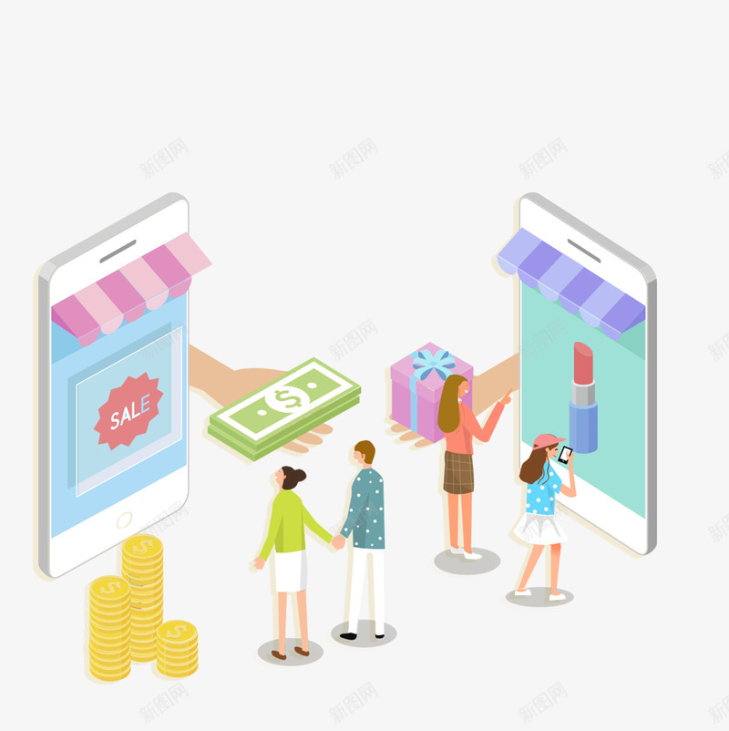 25D购物节插画png免抠素材_88icon https://88icon.com 25D插画 618 促销 情侣 手机 购物节 金币